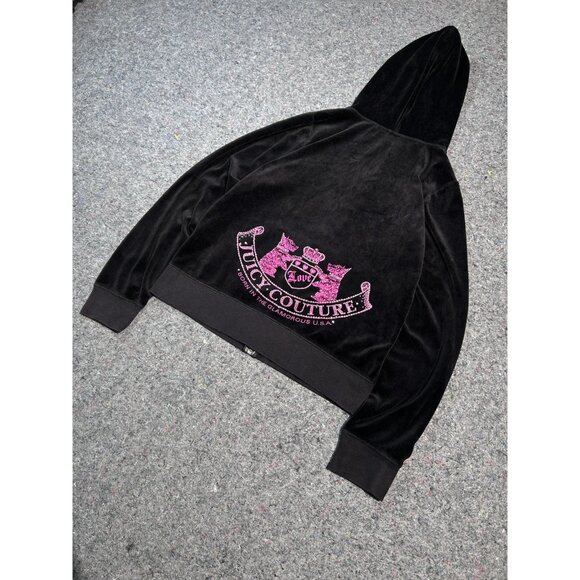 Juicy Couture VTG Black Velour Bling Hoodie Track Jacket Scottie Dog RARE XL - Picture 9 of 9